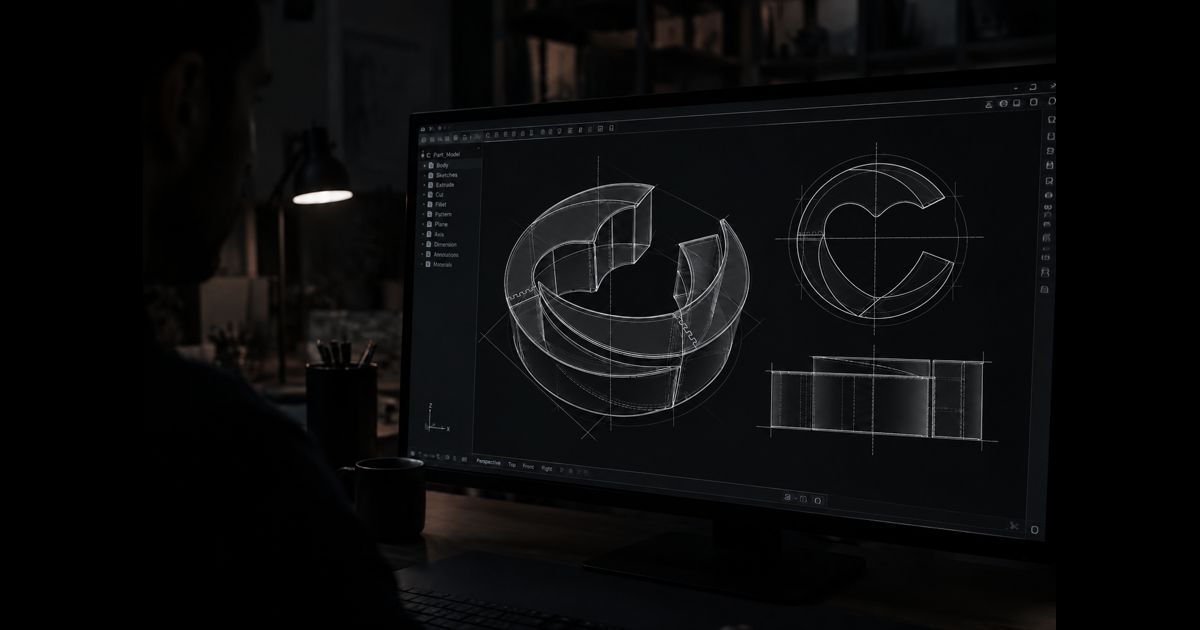 CAD-program på skärm med trådmodell av rund disk